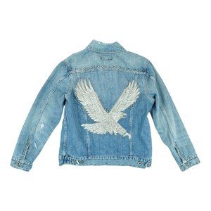 Lucky Brand The Tomboy Trucker Denim Jacket Women M Blue Embroidered Embellish